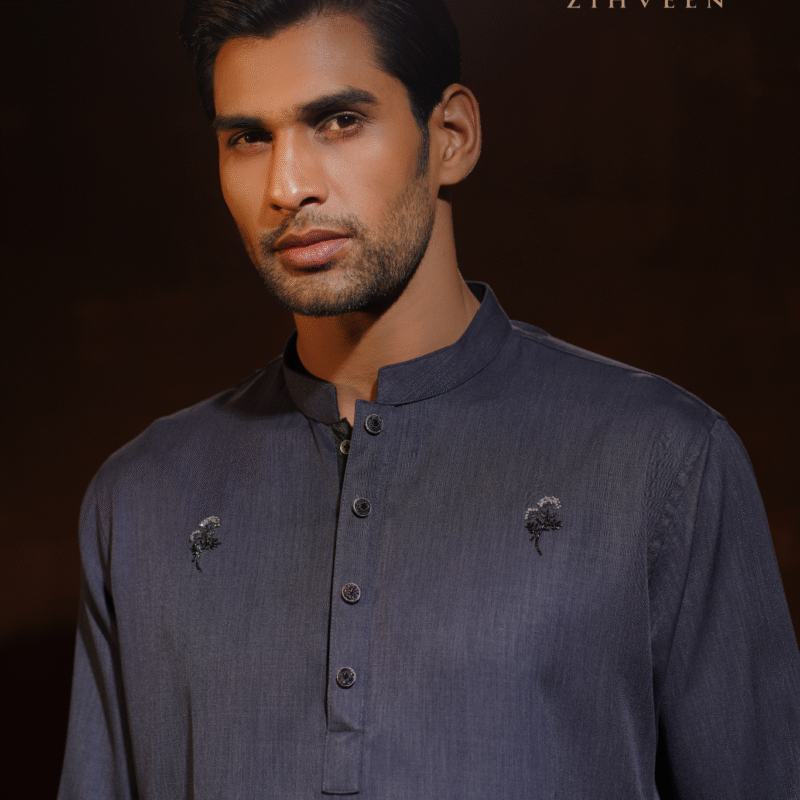 Navy Blue Panjabi with allover modish Zardoji