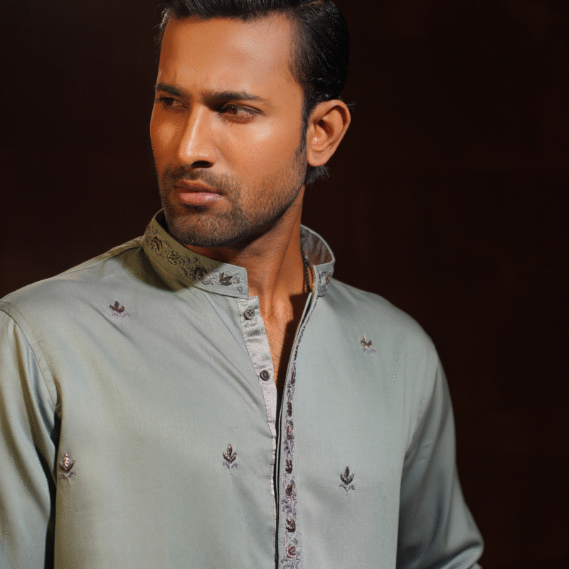 Exclusive Topez Green with allover motif zardoji & collar-button zardoji