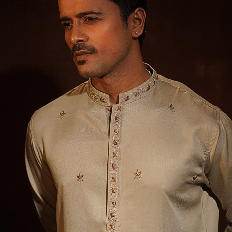 Exclusive Celadon gold with allover motif zardoji & collar-button zardoji