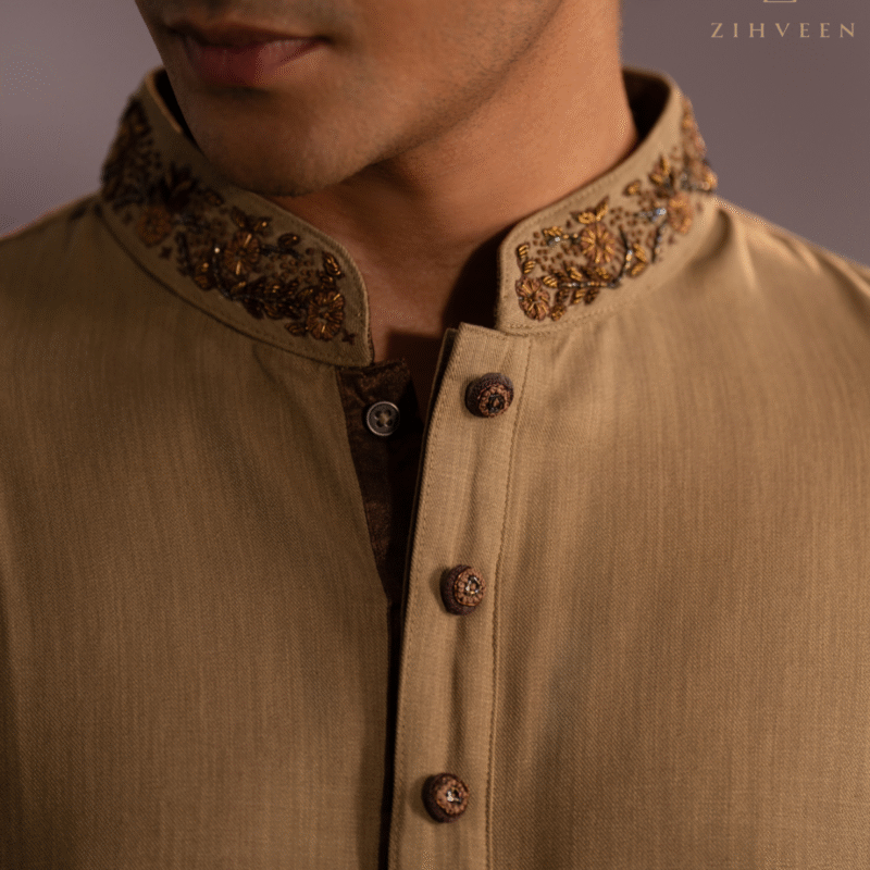 Tortilla Brown with Elegant zardoji work in Collar and button
