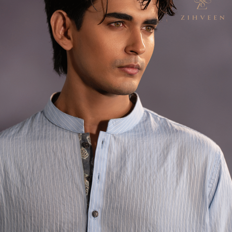 Crystal Mist Blue with elegant white stripe and elite metal button